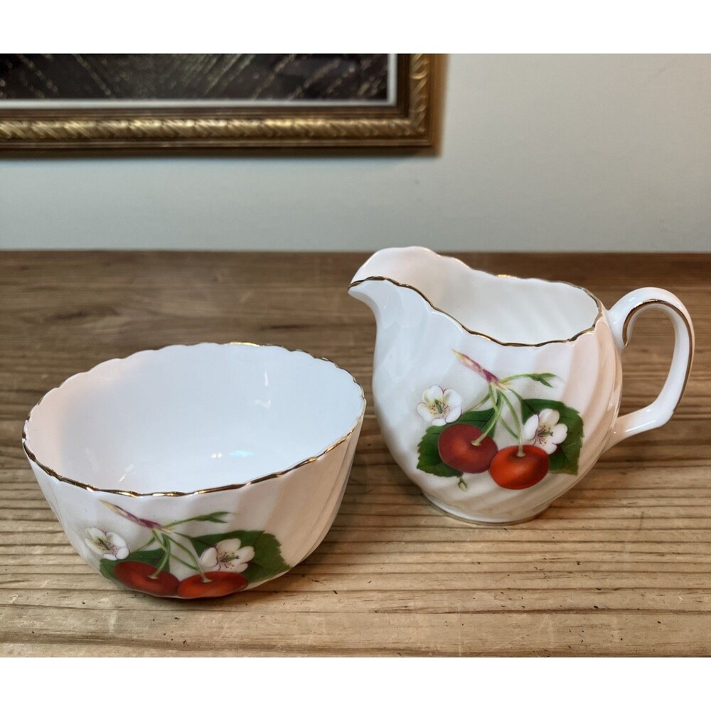 Signed Adderley Bone China Cherry Ryre Sugar Bowl & Creamer Set England Swirl